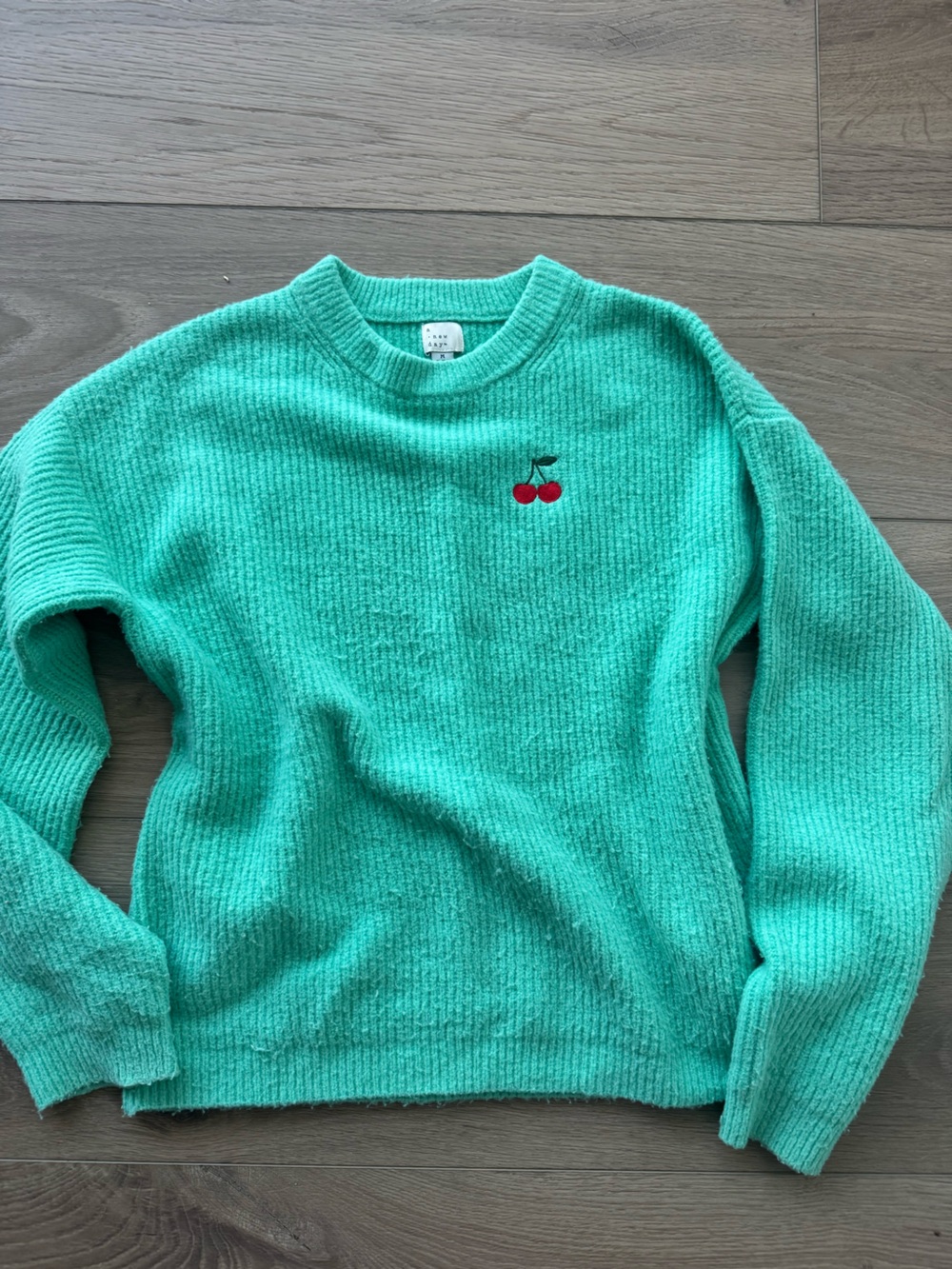 a new day Mint Green Crewneck Sweater with Cherry Embroidery